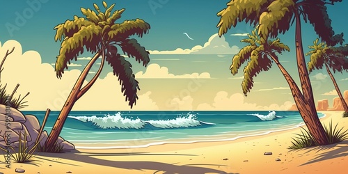 Palm trees on the beach with rolling waves (ai generated)
