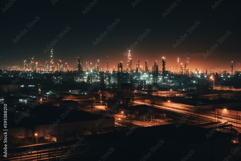 Skyline of factories at night. Generative AI