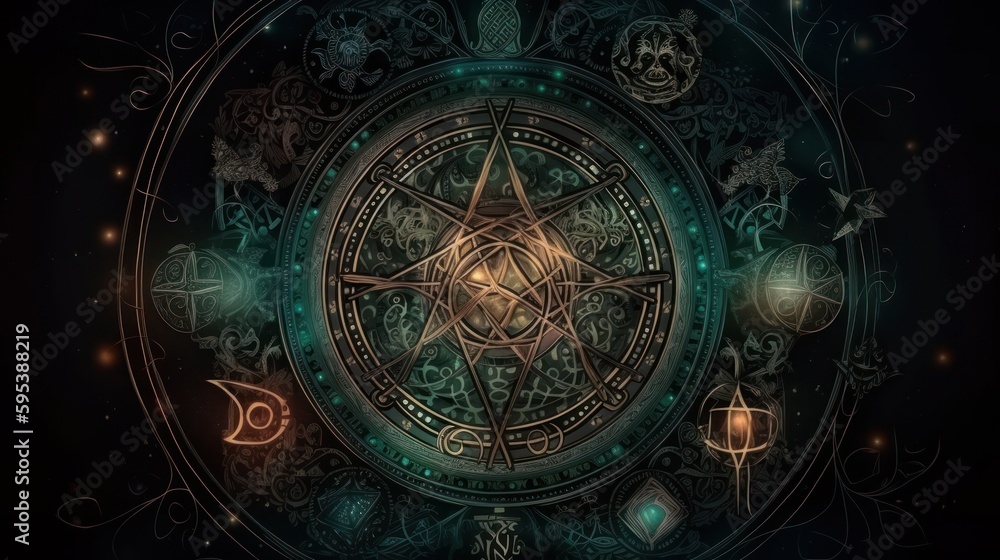 Witchcraft symbols wiccan magic on fantasy background generative ai concept