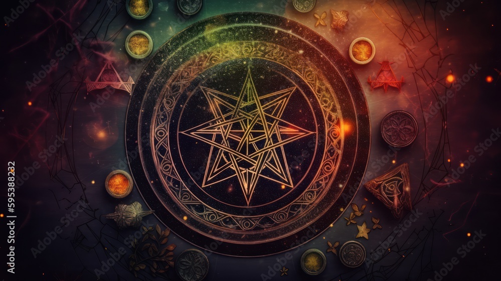 Naklejka premium Witchcraft symbols wiccan magic on fantasy background generative ai concept