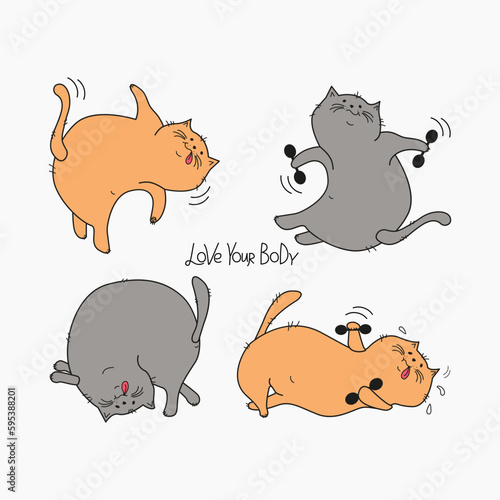  Cartoon Cats Set,  lettering. Fat happy cats doing gymnastics. Cat with dumbbells, in yoga pose.  Body positive . Doodle. Vector illustration. Background isolated.