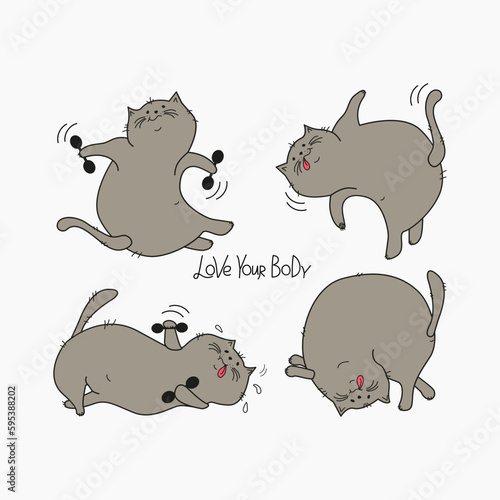 Cartoon Cats Set,  lettering. Fat happy cats doing gymnastics. Cat with dumbbells, in yoga pose. Body positive. Doodle. Vector illustration. Background isolated.