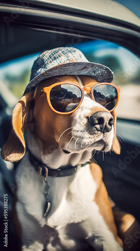 funny beagle dog in sunglasses in the summer sitting in the car, pets, rest with animals, life with animals. The image is generated using artificial intelligence © КРИСТИНА Игумнова