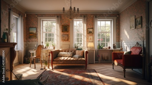 English countryside interior design room with beautiful lightning generative ai © Hixel