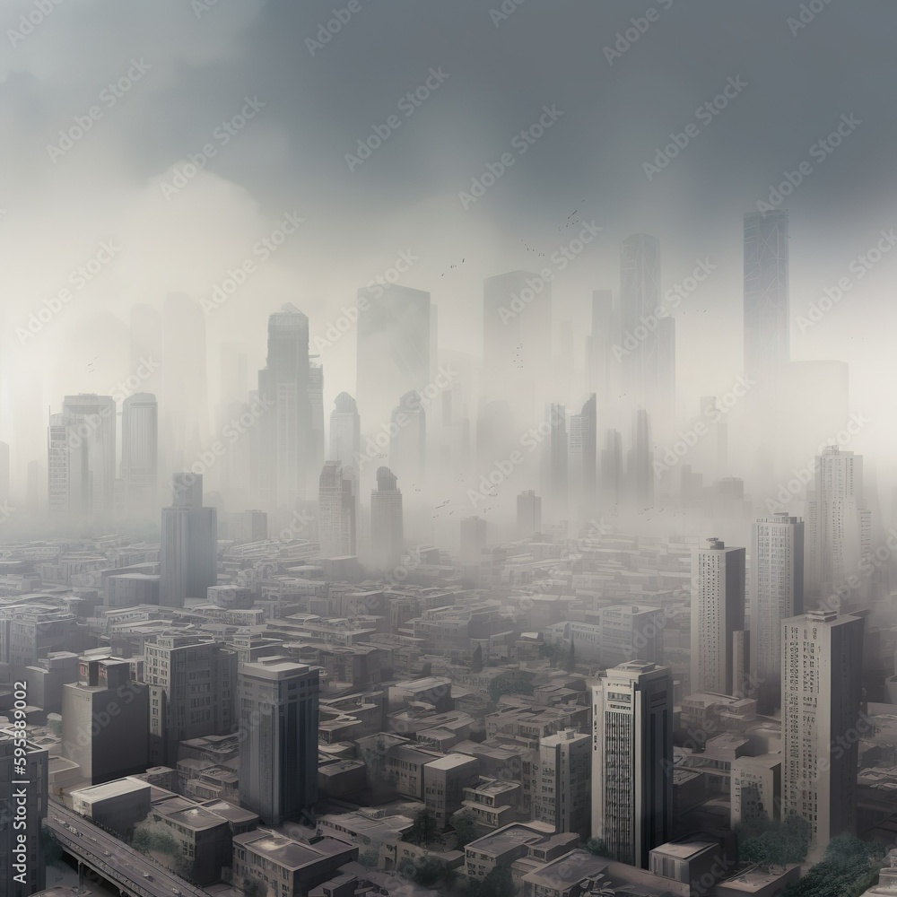 Urbanization and Pollution: A digital rendering of a city silhouette surrounded by polluted air (AI generated)