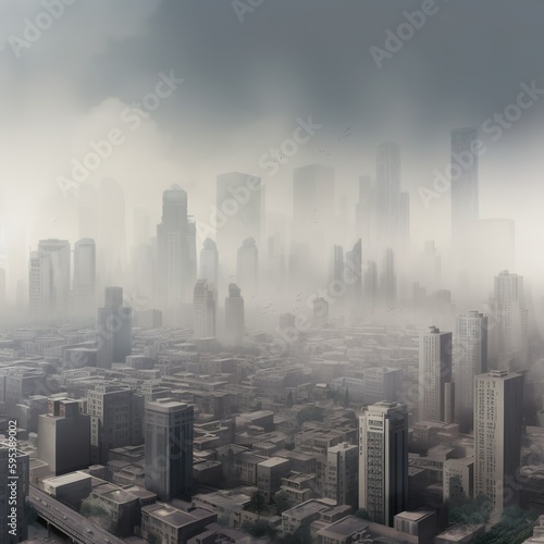 Urbanization and Pollution  A digital rendering of a city silhouette surrounded by polluted air  AI generated 