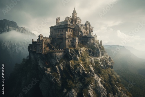 Fotografiet A realistic high fantasy fortress built into a mountain with a cloudy background