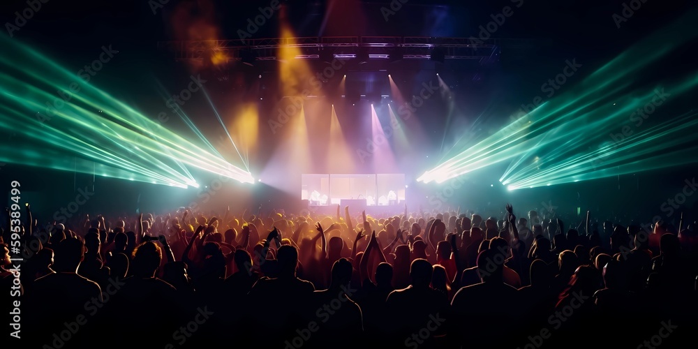 Music concert or electronic music festival crowd and audience with beams light show and concert lighting. Generative AI