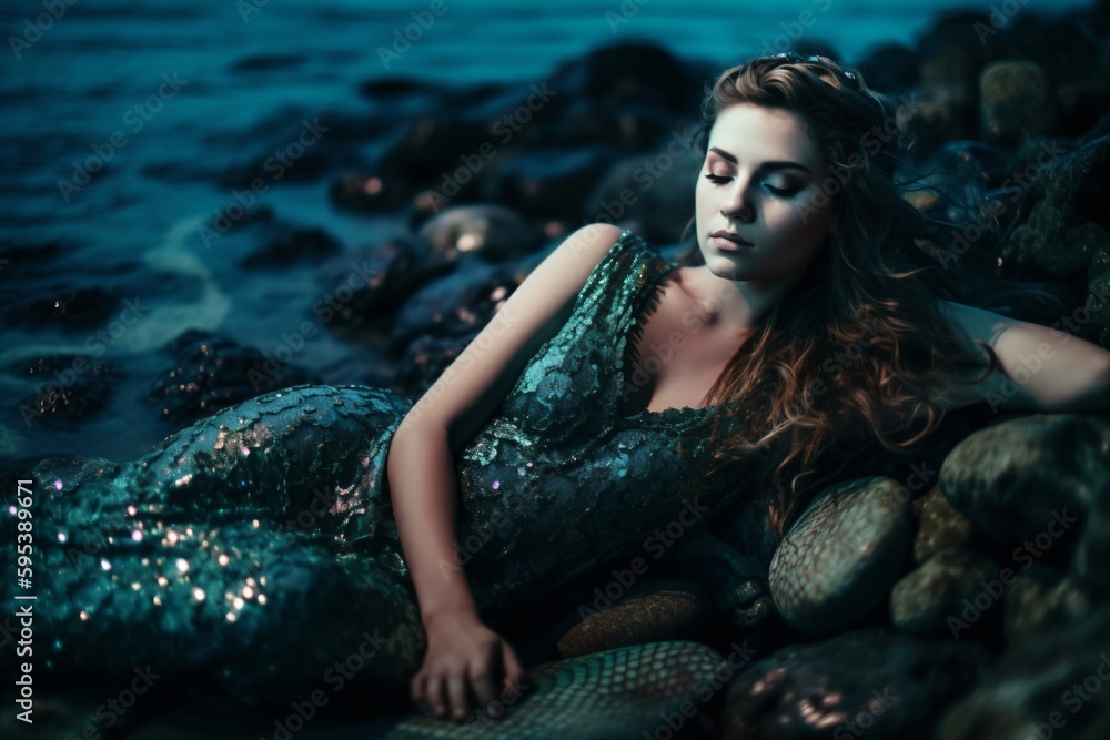 a woman lies on the beach on stones, she looks like a mermaid created with Generative AI technology a woman lies on the beach on stones, she looks like a mermaid created with Generative AI technology