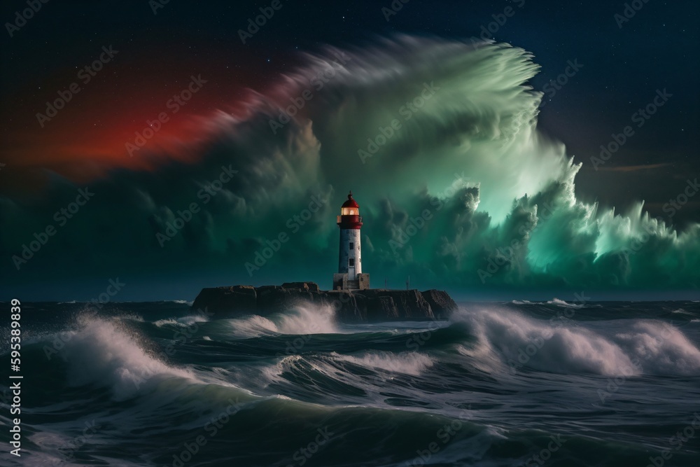 a lighthouse stands on a rock in the sea created with Generative AI technology