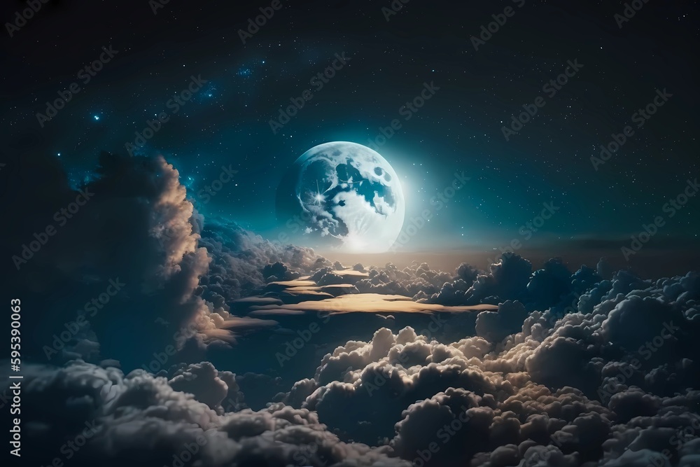 Moon over clouds. Illuminate full moon above the sky clouds. Magical dreamy atmosphere with lunar over the cloud as heaven fantasy. Moonlight cloudspace outer space. Generative AI