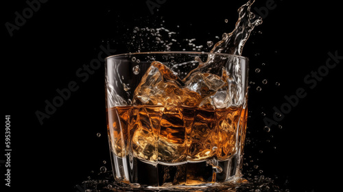 Glass of whisky or rum with splashing liquid and ice rocks inside. Isolated on black background. AI