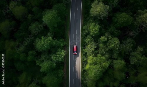 Aerial view green forest with car on the asphalt road, Car drive on the road in the middle of forest trees, Forest road going through forest with car