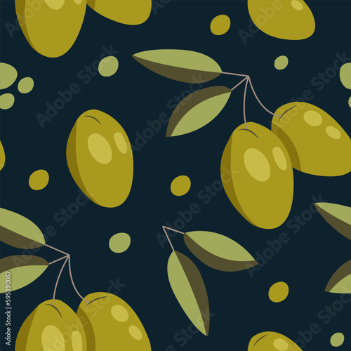Vector seamless pattern with green olives on dark. Background design for olive oil, natural cosmetics.