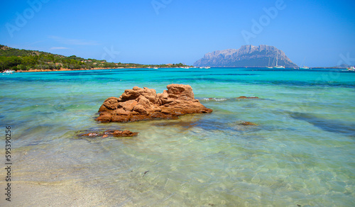Turquoise translucent and shallow waters on the beach of Porto Istana near Olbia on the Costa Smeralda (