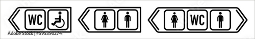 Men's and women's toilet signs. Directions to the toilets. Signposts in supermarkets and train stations. Vector graphics.