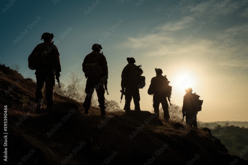 Silhouette of a group of army soldiers. Soldiers in war zone.