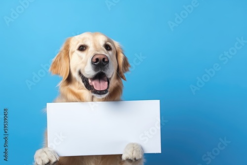 Golden retriever with blank sign, white poster with blank copy space. Generative AI.
