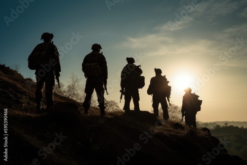 Silhouette of a group of army soldiers. Soldiers in war zone.