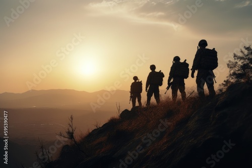 Silhouettes of soldiers on a mountain.