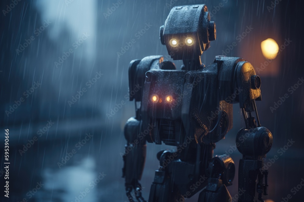Science fiction robot in the rain. Generative AI.