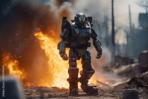 Robot walking through fire in a war zone. Generative AI.