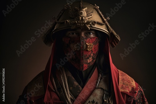 Masked samurai portrait. Generative AI.