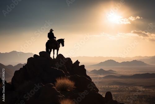 Fotobehang Silhouette of a cowboy on a mountain top. Generative AI.