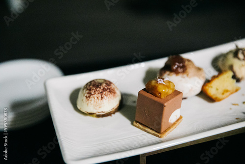 Close up macro view of classic Italian desserts in Rome, Italy on a white plate