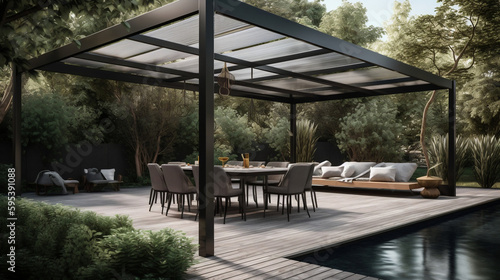 Modern patio furniture include a pergola shade structure, an awning, a patio roof, a dining table, seats, and a metal grill. Generative AI. © moon