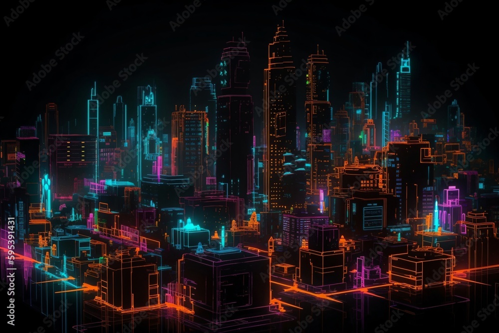 illustration of a city which glows in neon colors created with Generative AI technology