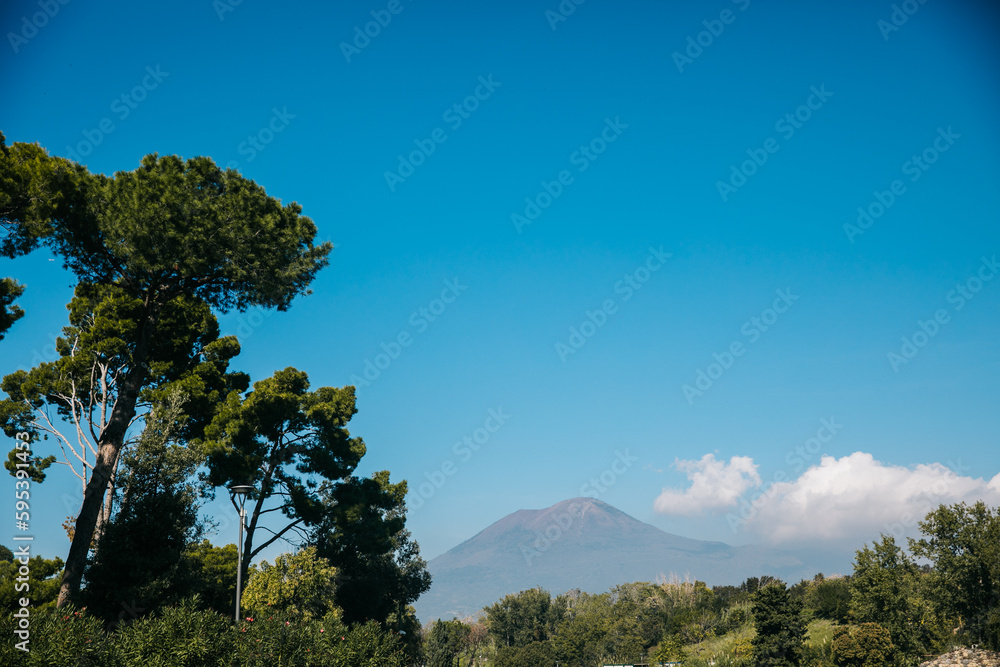 View of Mount Vesuvius from Pompeii in Italy on a Clear Blue Day