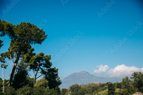 View of Mount Vesuvius from Pompeii in Italy on a Clear Blue Day