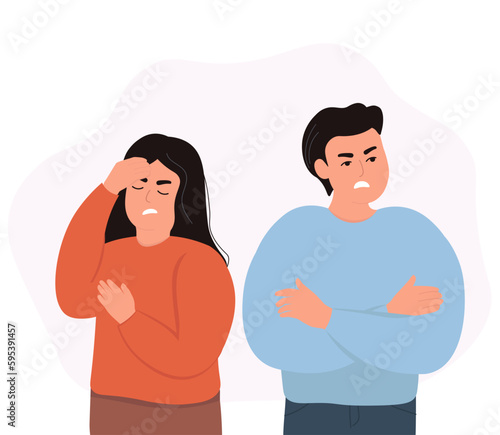 Couple quarrel. A man and a woman are offended by each other, turned away, evil feelings, disappointment. Vector flat graphics.