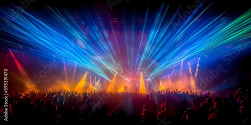Panorama live music concert crowd and audience with beams light show and concert lighting. Edm electronic techno music festival or rock show performance with crowded people silhouette. Generative AI