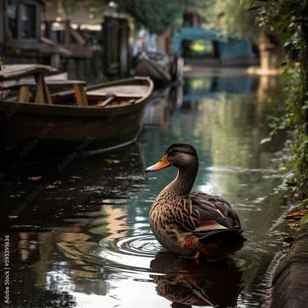 Obraz premium a duck in a river near a city created with Generative AI technology