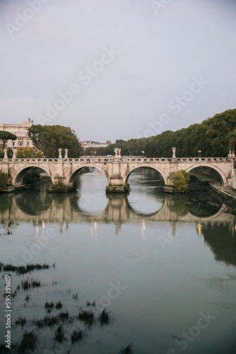 Looking out at the View of the Tiber river in Rome, Italy on an overcast day