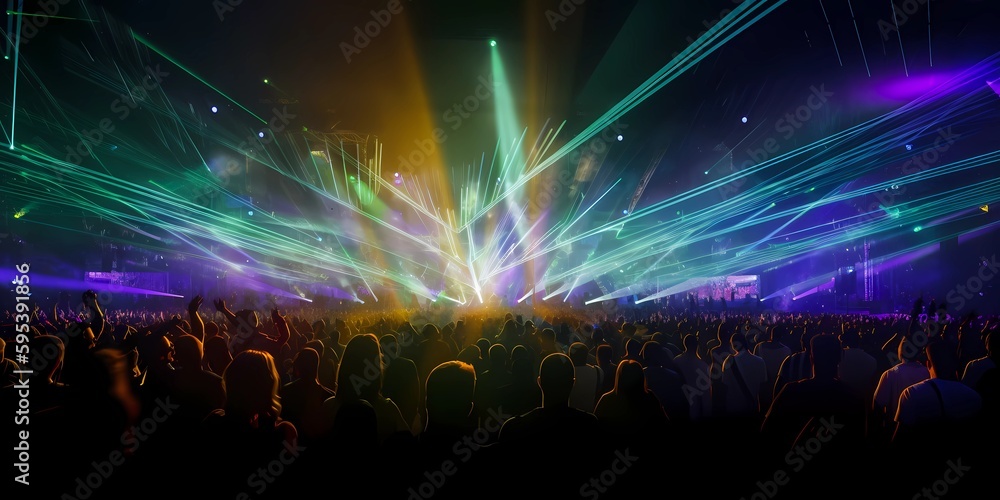 Panorama live music concert crowd and audience with beams light show and concert lighting. Edm electronic techno music festival or rock show performance with crowded people silhouette. Generative AI