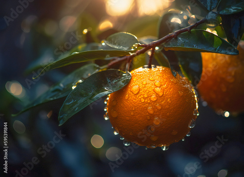 orange fruit with drops of rain in the sunset