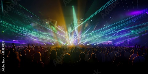 Panorama live music concert crowd and audience with beams light show and concert lighting. Edm electronic techno music festival or rock show performance with crowded people silhouette. Generative AI © Synesthesia AI Stock