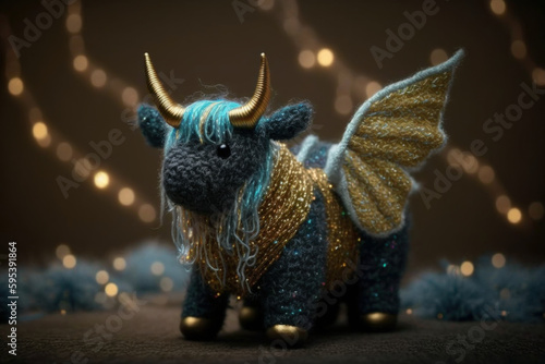 Beautiful expensive toy goby with horns and wings, knitted cow. Created in ai. © Ренат Хисматулин