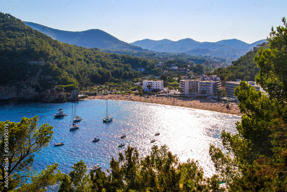 Aerial view of the beach of Cala de Sant Vicent in the east of Ibiza in the Balearic islands