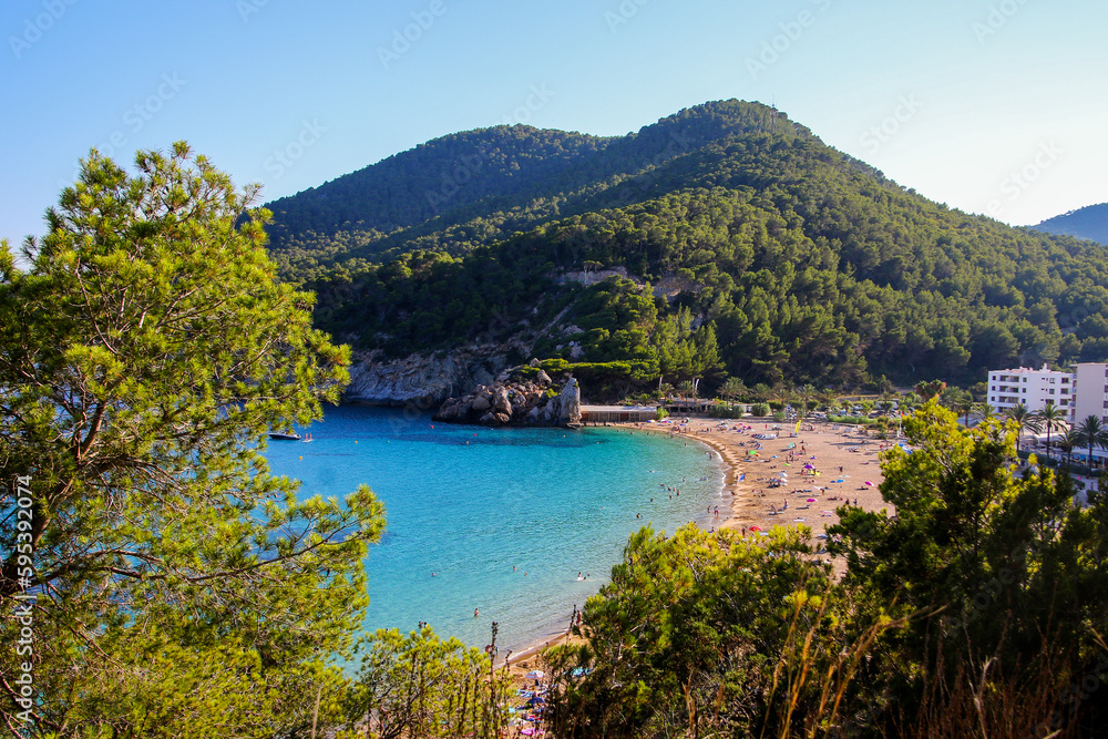 Aerial view of the mountains above the Cala de Sant Vicent in the east of Ibiza in the Balearic islands