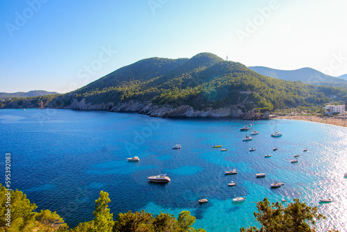 Aerial view of the bay of Cala de Sant Vicent in the east of Ibiza in the Balearic islands photo