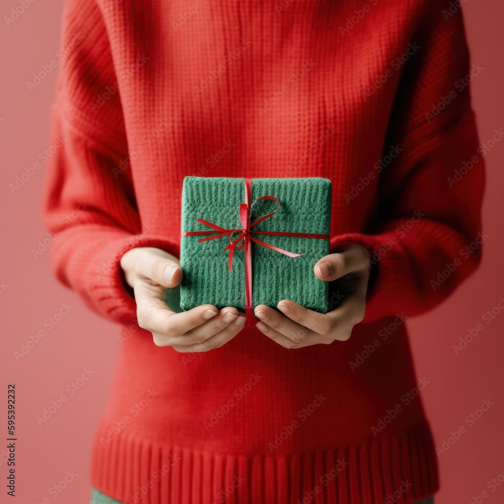 Women's hands hold a gift box with a red bow. Christmas and new year concept. generative AI Women's hands hold a gift box with a red bow. Christmas and new year concept. generative AI