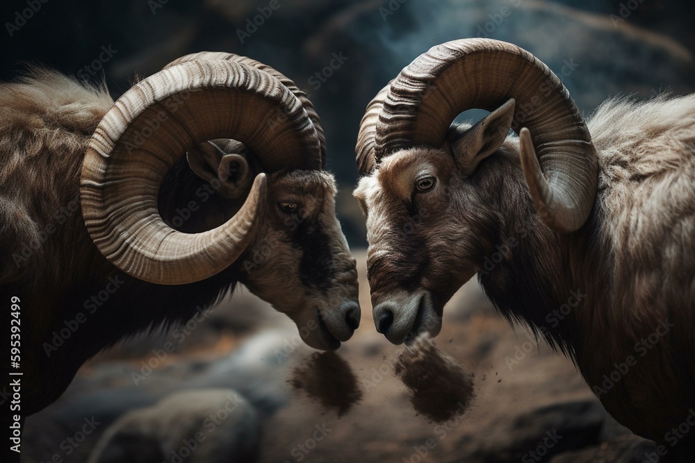 Two rams engage in horn combat. Generative AI - obrazy, fototapety, plakaty 