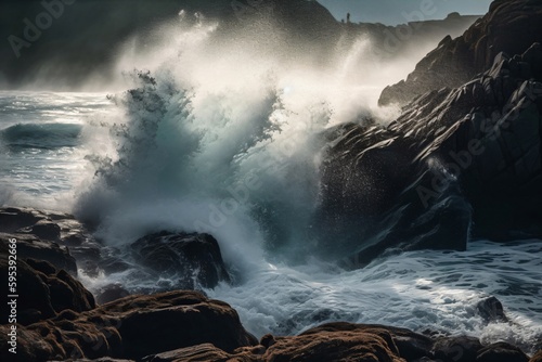 beautiful big waves meet rocks created with Generative AI technology