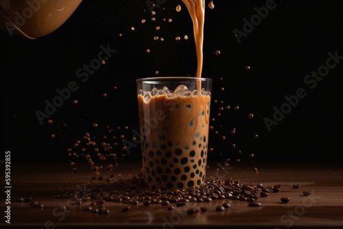 Brown boba tea spilling. Generative AI photo