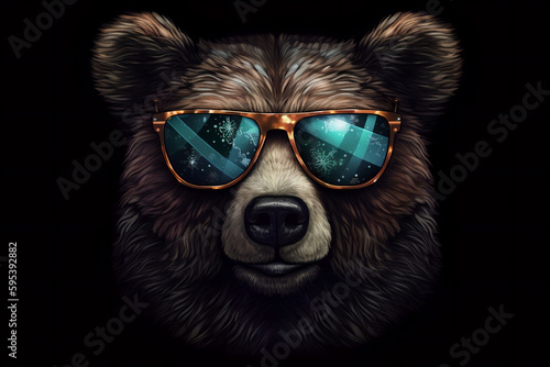 Cute Bear with Sunglasses on Black Background Generative AI