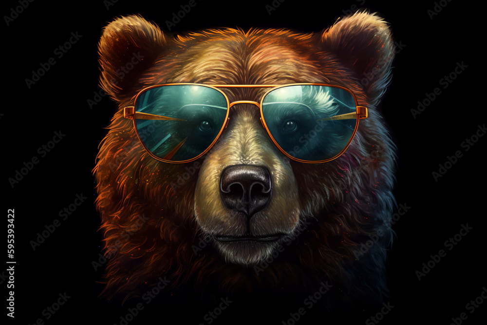 Cute Bear with Sunglasses on Black Background Generative AI